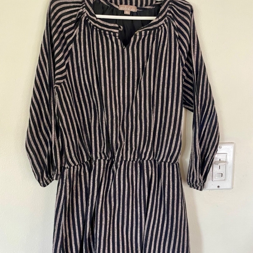 Emile Et Ida size 6 black and metallic silver striped kids dress 3/4 sleeve
